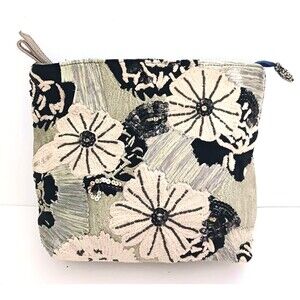 NEW Miss Albright Zip Top Lg Pouch Bag Blk Silver Floral Embroidery Beading 11X9